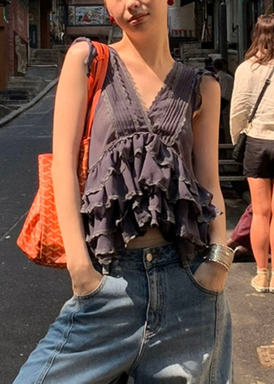 Cute Grey V Neck Ruffled Lace Patchwork Chiffon Vest Summer