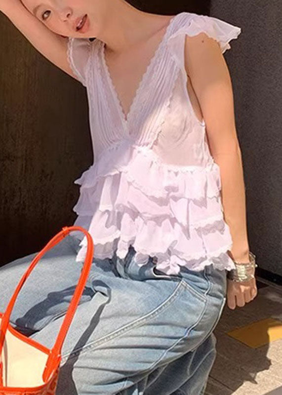 Cute Grey V Neck Ruffled Lace Patchwork Chiffon Vest Summer
