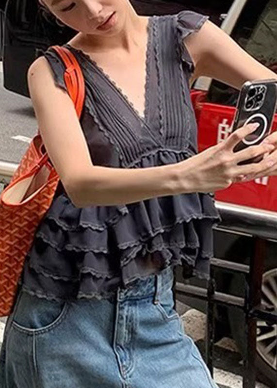 Cute Grey V Neck Ruffled Lace Patchwork Chiffon Vest Summer