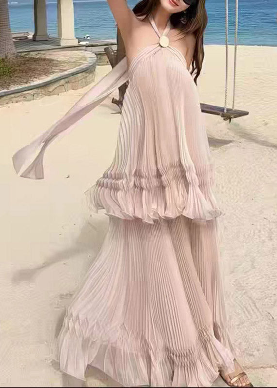 Cute Halter Patchwork Backless Fake Two-Piece Vacation Long Dresses Sleeveless