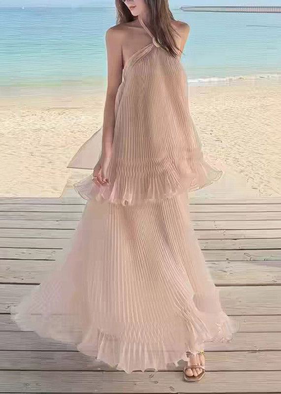 Cute Halter Patchwork Backless Fake Two-Piece Vacation Long Dresses Sleeveless