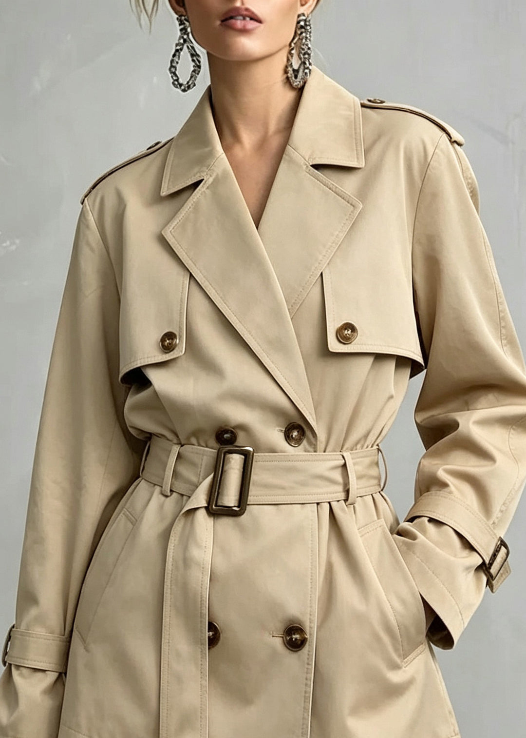 Cute Khaki Notched Pockets Tie Waist Solid Trench Coat Fall