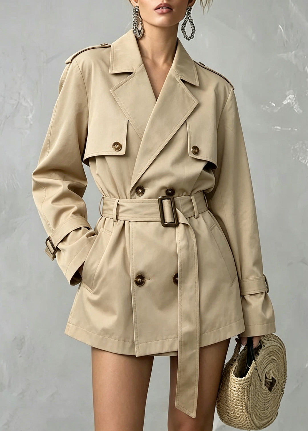 Cute Khaki Notched Pockets Tie Waist Solid Trench Coat Fall