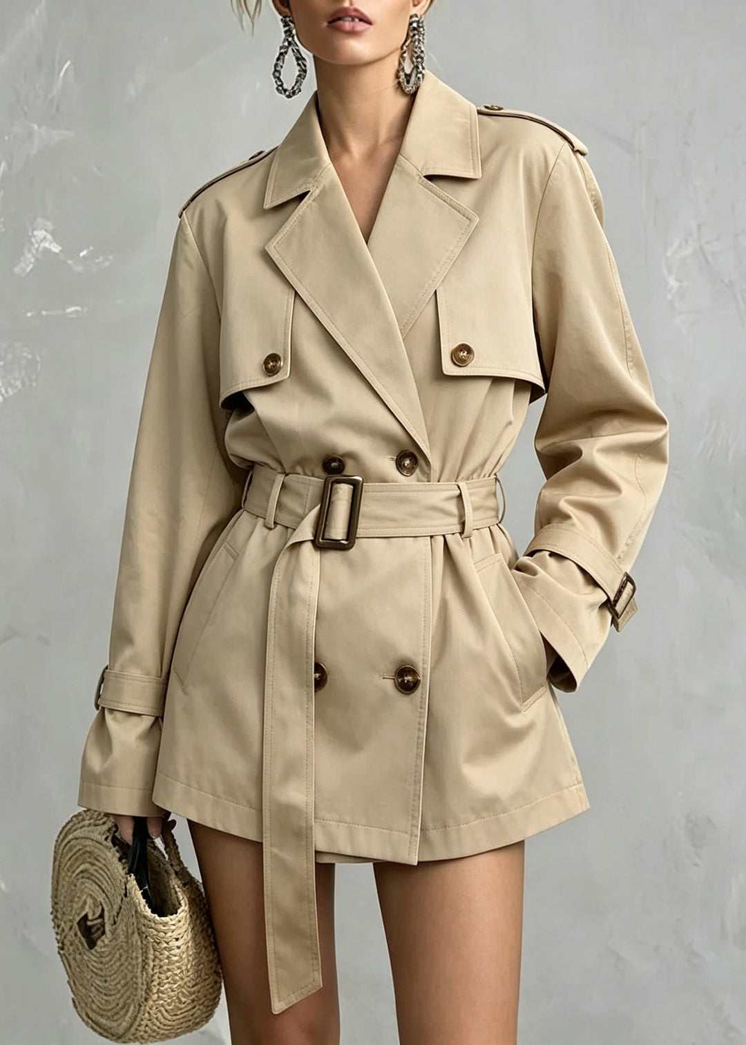Cute Khaki Notched Pockets Tie Waist Solid Trench Coat Fall
