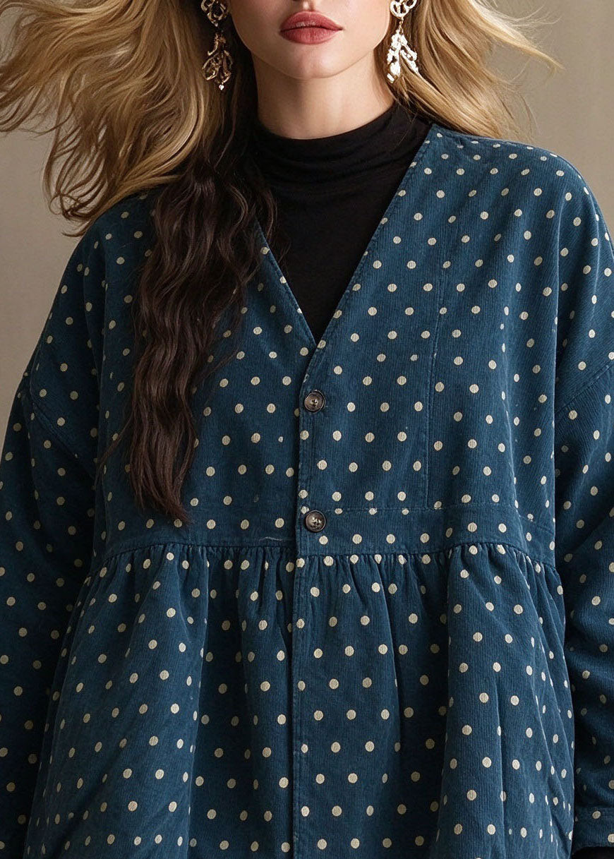Cute Lake Blue V Neck Dot Print Parka Long Sleeve