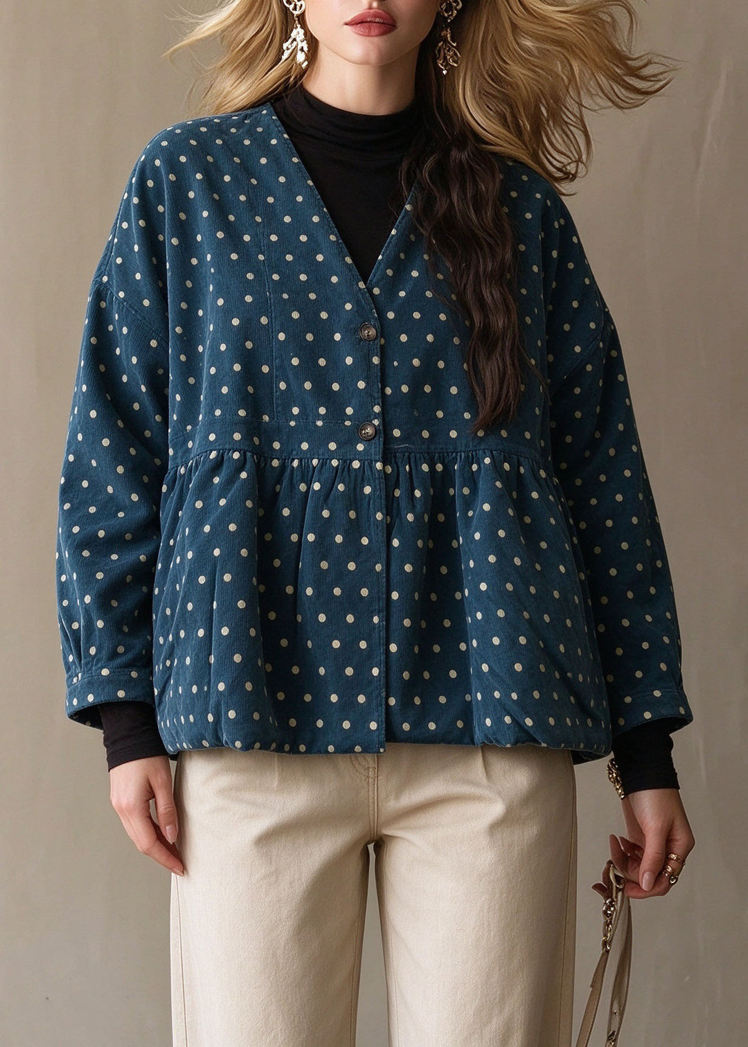 Cute Lake Blue V Neck Dot Print Parka Long Sleeve