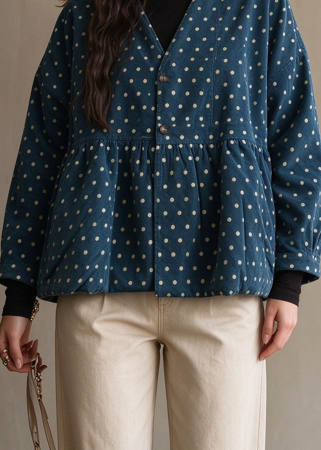 Cute Lake Blue V Neck Dot Print Parka Long Sleeve