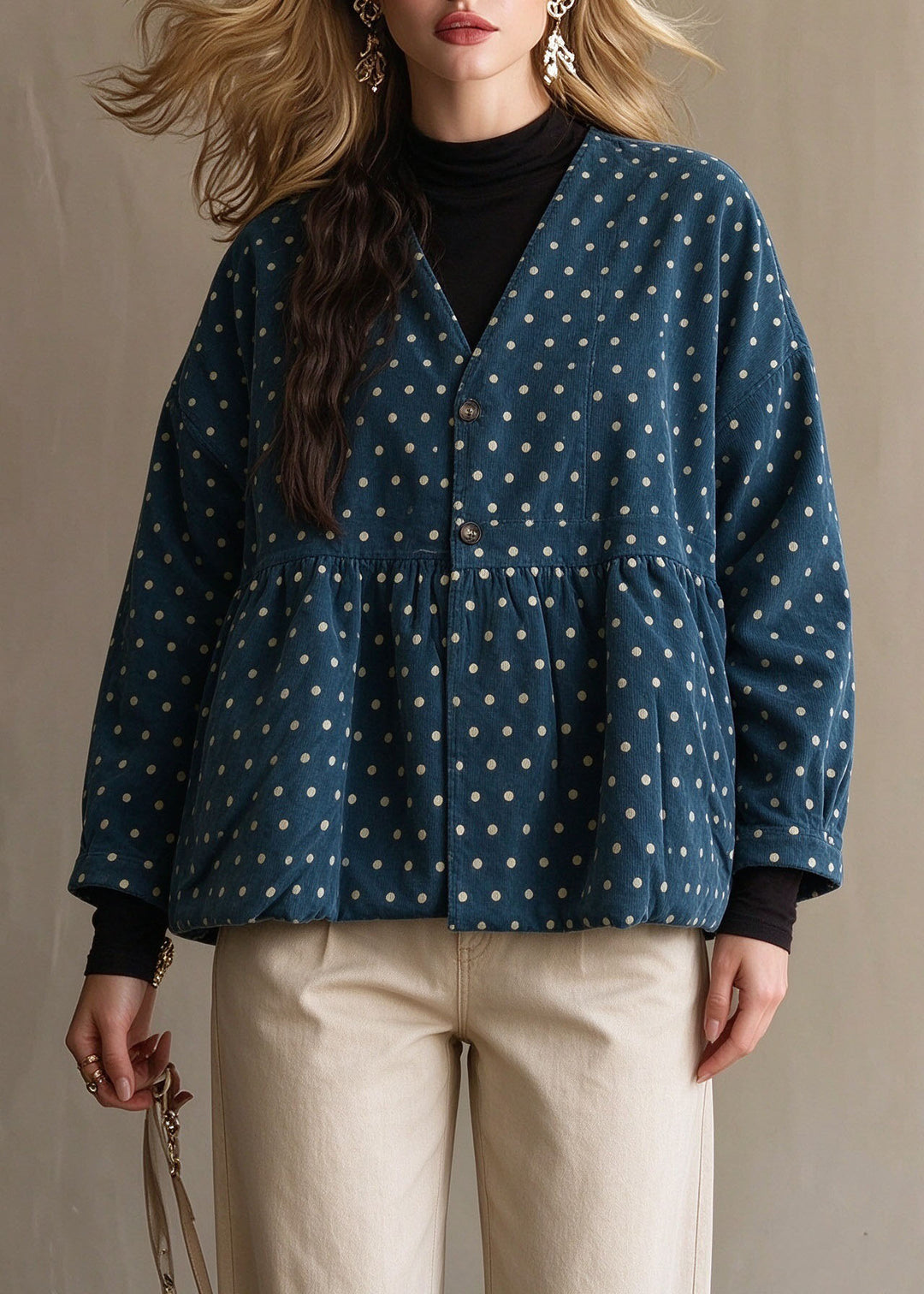 Cute Lake Blue V Neck Dot Print Parka Long Sleeve