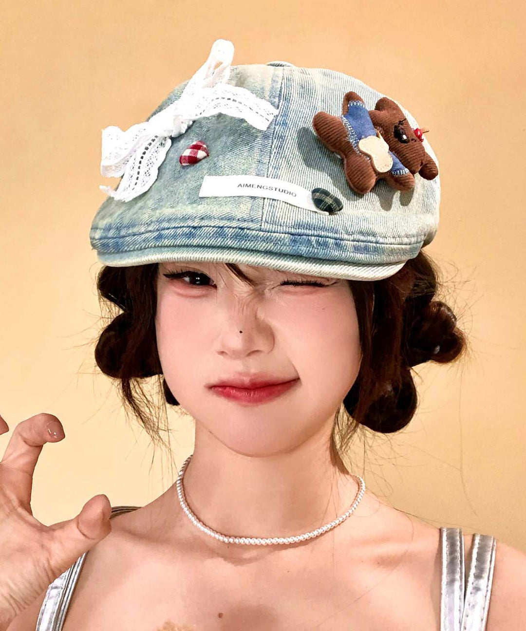 Cute Light Blue Bow Cartoon Bear Cowboy Beret Hat