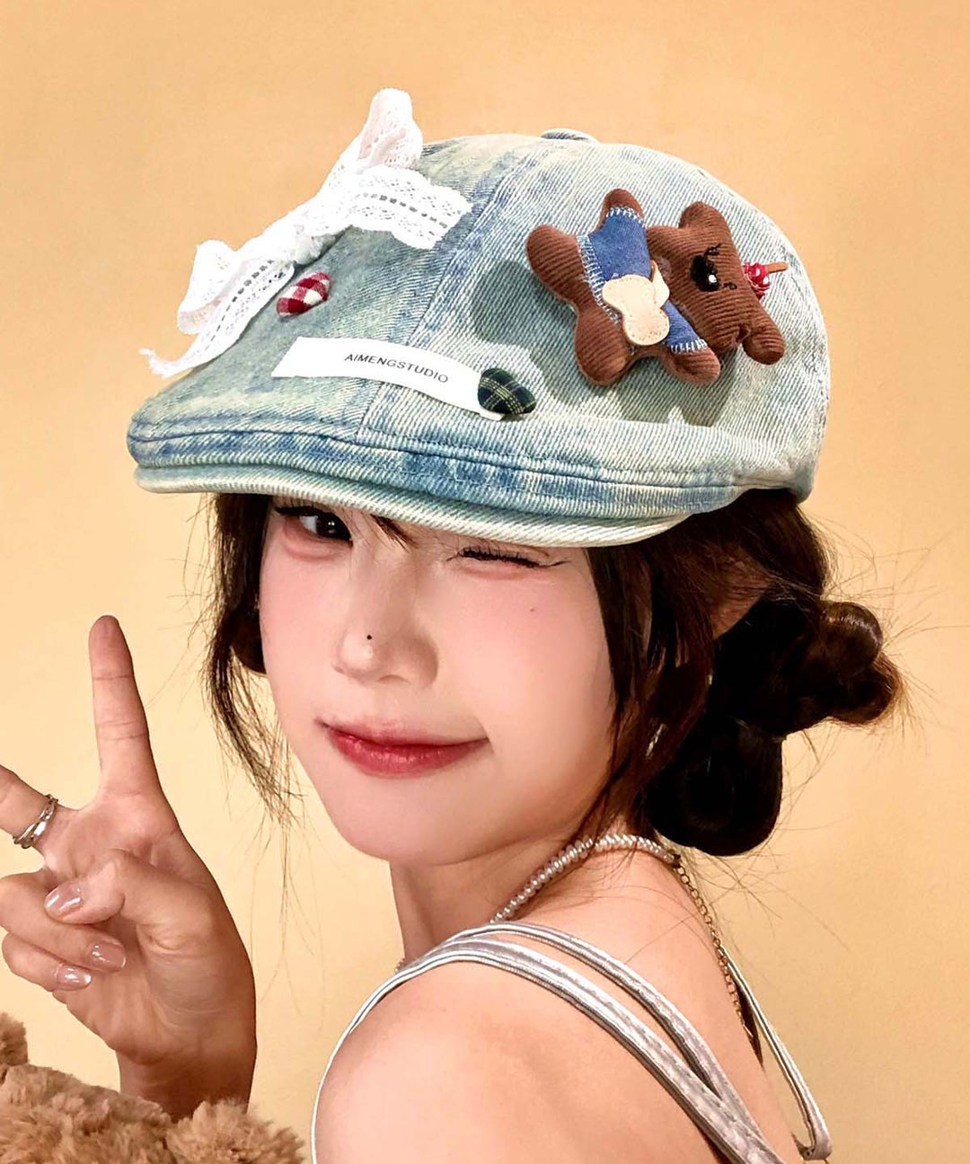 Cute Light Blue Bow Cartoon Bear Cowboy Beret Hat