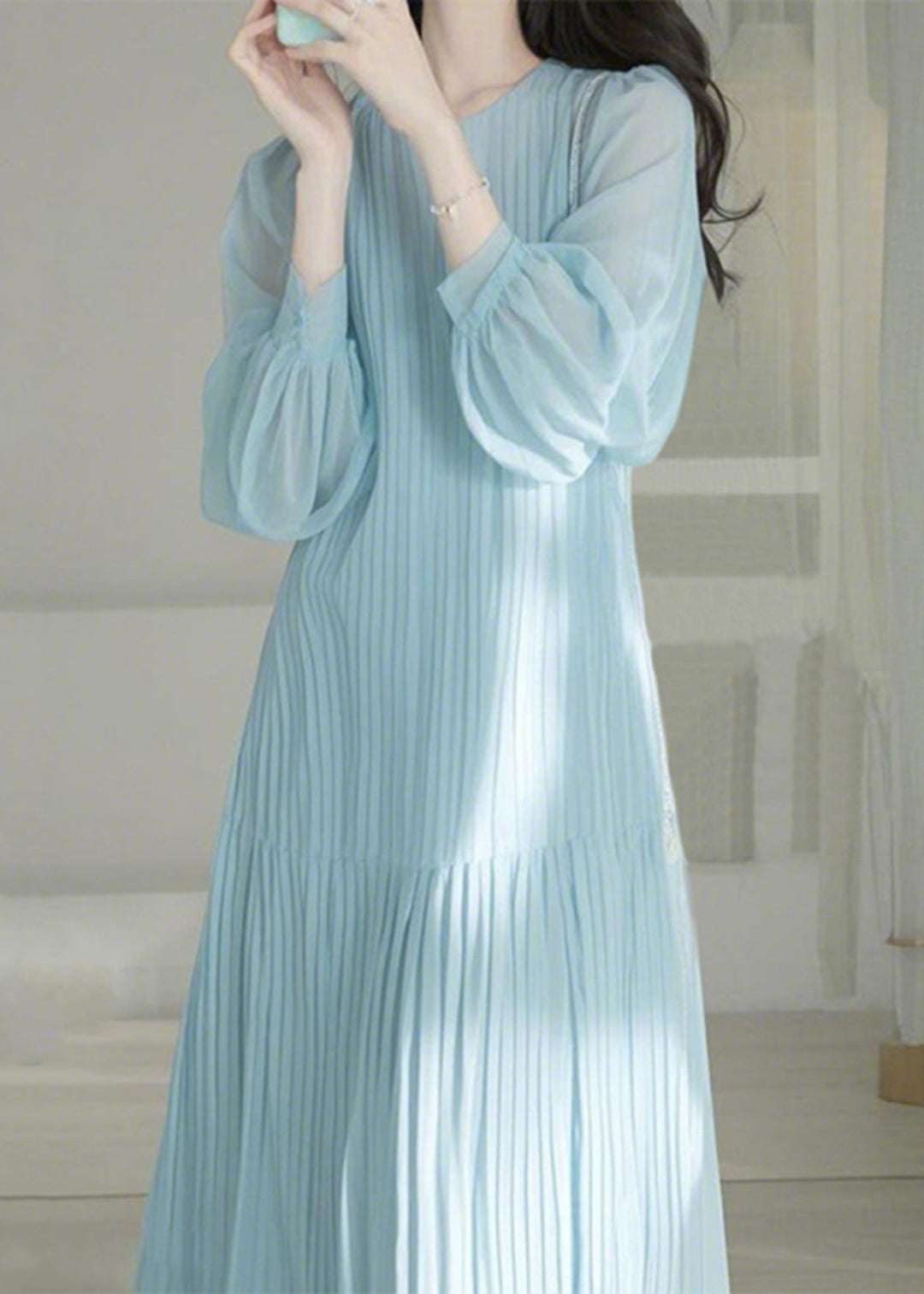 Cute Light Blue O-Neck Cinched Maxi Dresses Spring