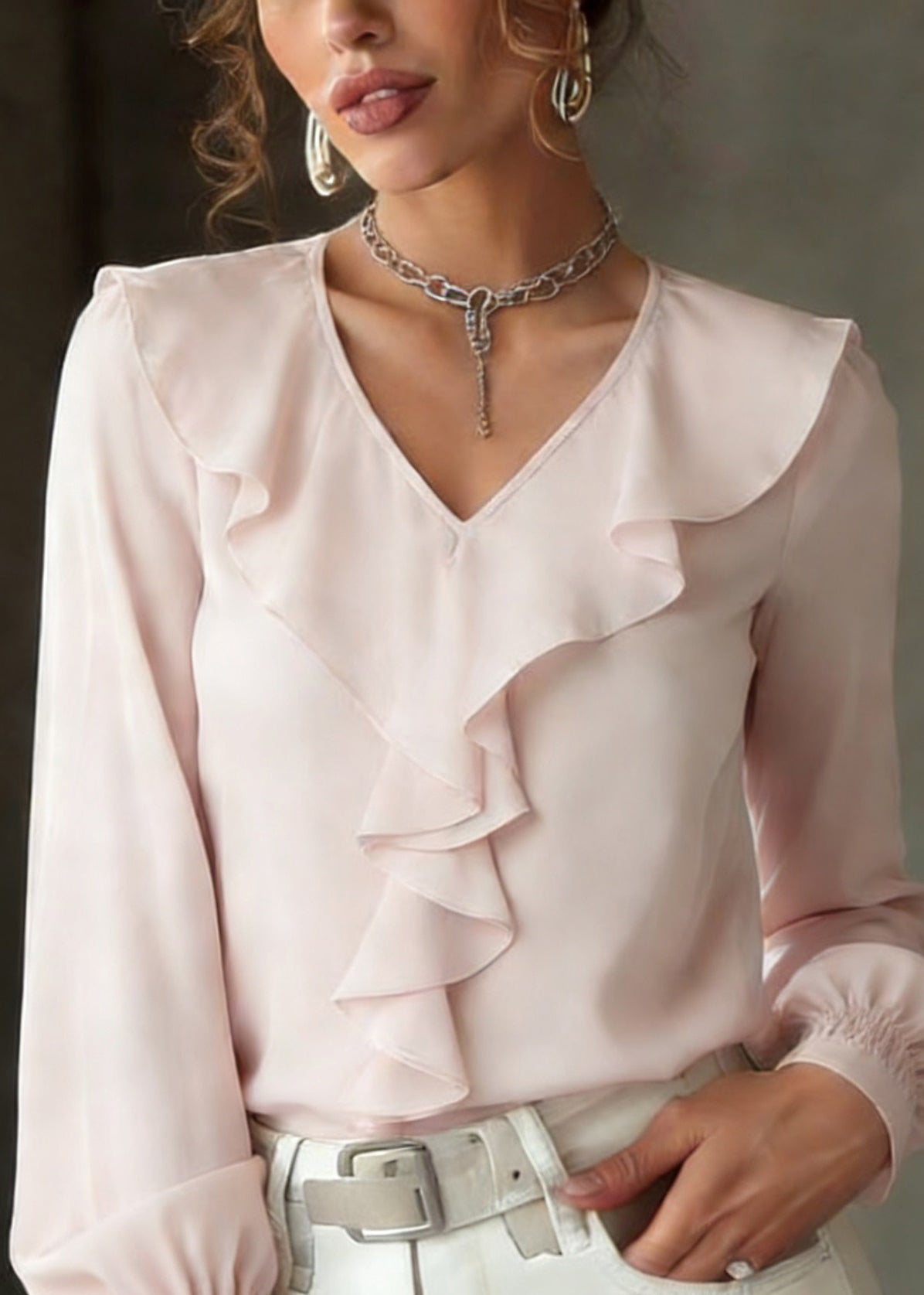 Cute Light Pink Ruffled Patchwork Silk Shirt Lantern Sleeve - Omychic