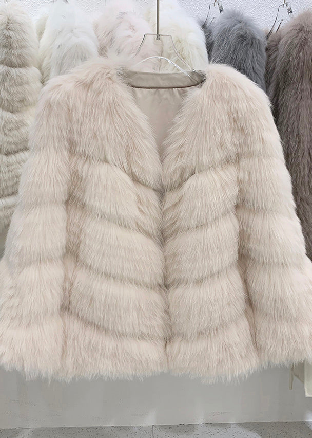 Cute Light Pink V Neck Patchwork Leather And Fur Coats Winter