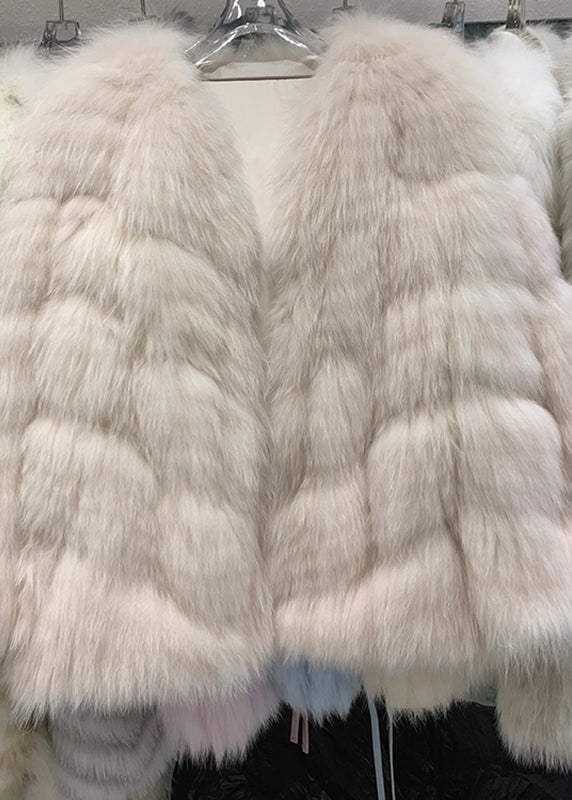 Cute Light Pink V Neck Patchwork Leather And Fur Coats Winter
