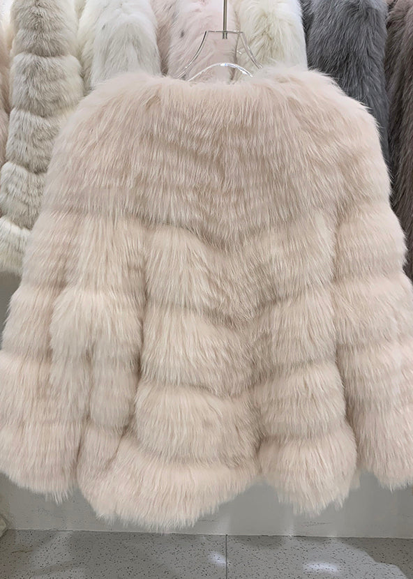 Cute Light Pink V Neck Patchwork Leather And Fur Coats Winter