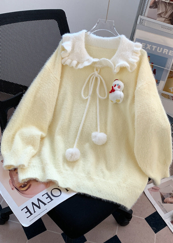 Cute Light Yellow Ruffled Warm Knit Sweater Tops Winter