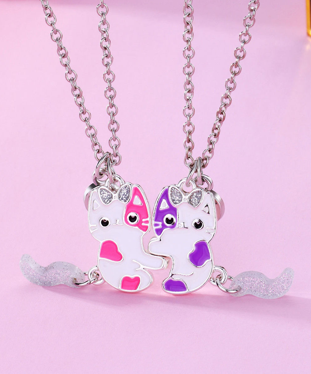 Cute Little Cat Stainless Steel Little Cat Best Friend Set Pendant Necklace