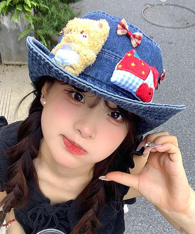 Cute Navy Butter Teddy Bear Bow Cowboy Bucket Hat