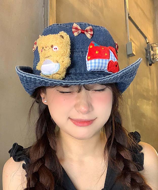 Cute Navy Butter Teddy Bear Bow Cowboy Bucket Hat