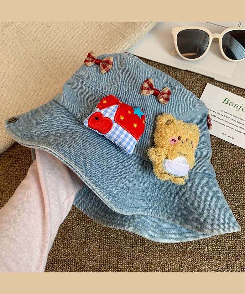 Cute Navy Butter Teddy Bear Bow Cowboy Bucket Hat