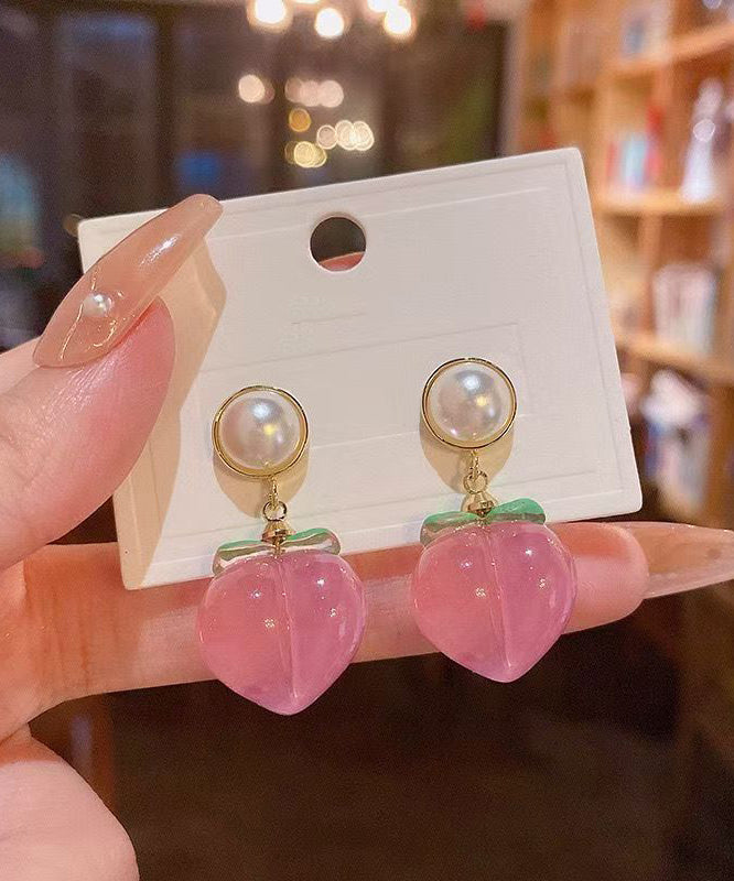 Cute Pink Alloy Acrylic Honey Peach Drop Earrings