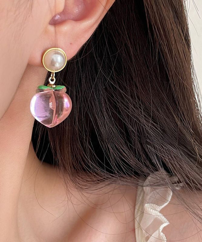 Cute Pink Alloy Acrylic Honey Peach Drop Earrings