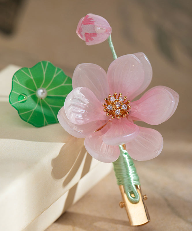 Cute Pink Alloy Chiffon Colored Glaze Pearl Lotus Tassel Hairpin