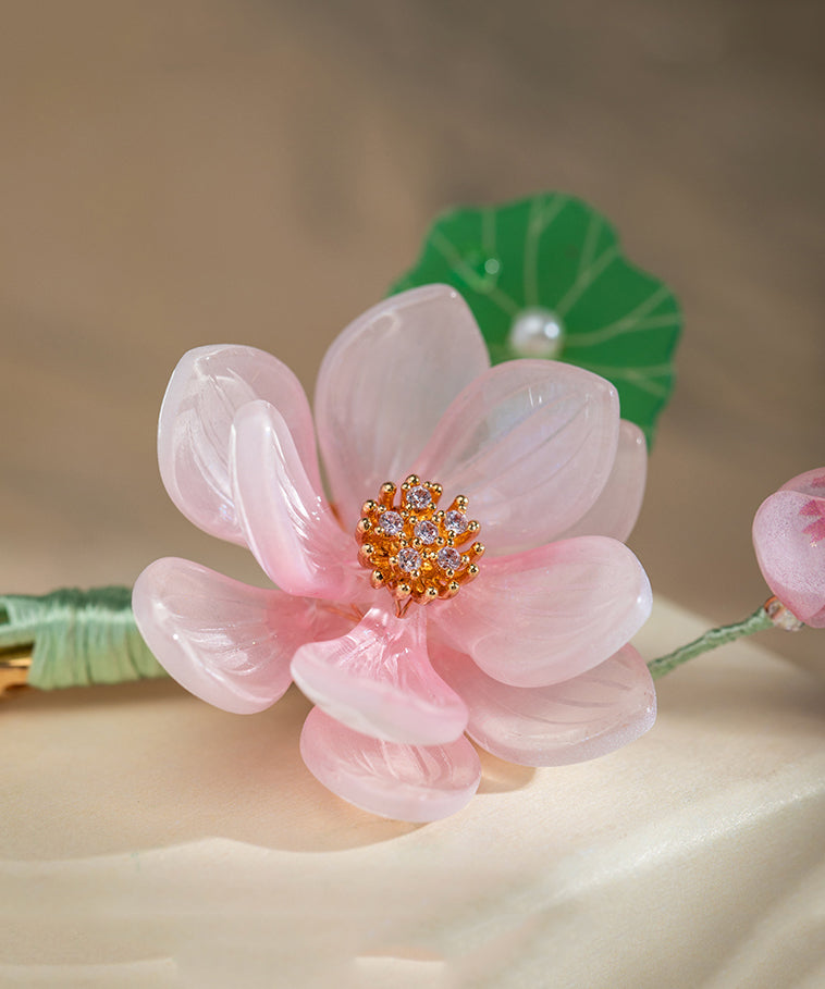 Cute Pink Alloy Chiffon Colored Glaze Pearl Lotus Tassel Hairpin