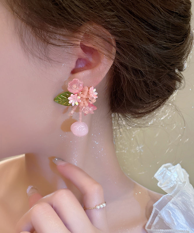 Cute Pink Alloy Colored Glaze Beading Drop Earrings