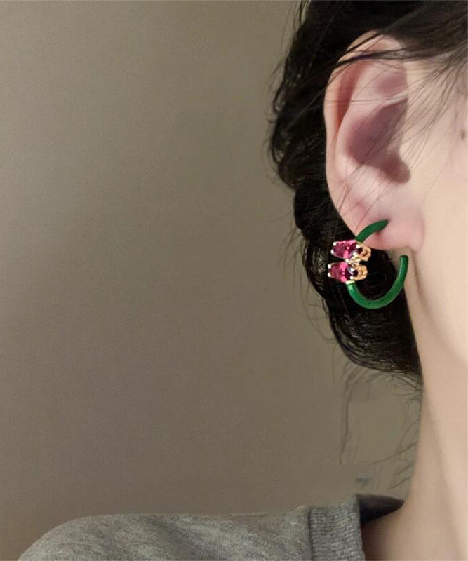 Cute Pink Alloy Crystal Zircon C-Shaped Hoop Earrings