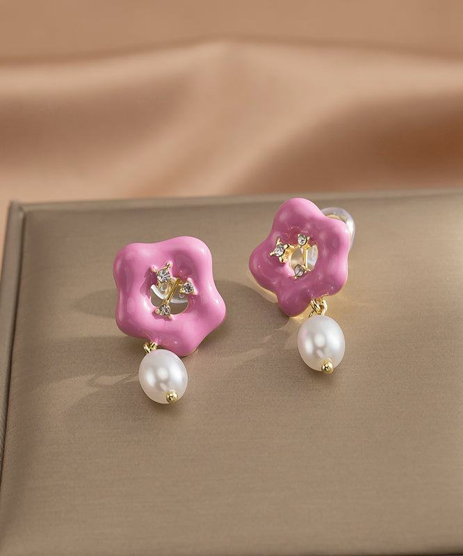 Cute Pink Alloy Floral Pearl Drip Glaze Drop Earrings