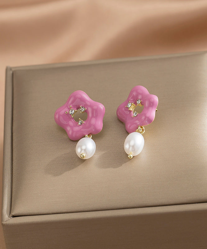 Cute Pink Alloy Floral Pearl Drip Glaze Drop Earrings