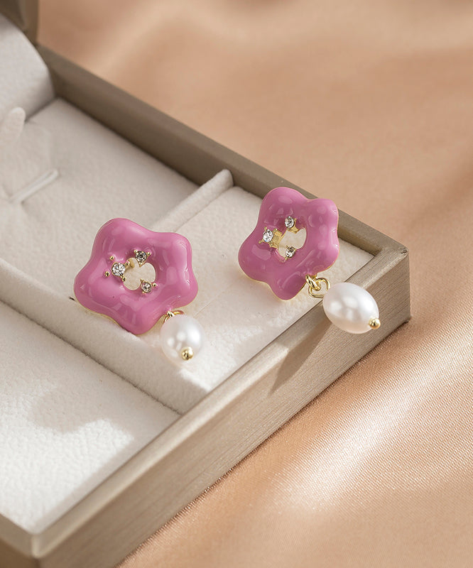 Cute Pink Alloy Floral Pearl Drip Glaze Drop Earrings