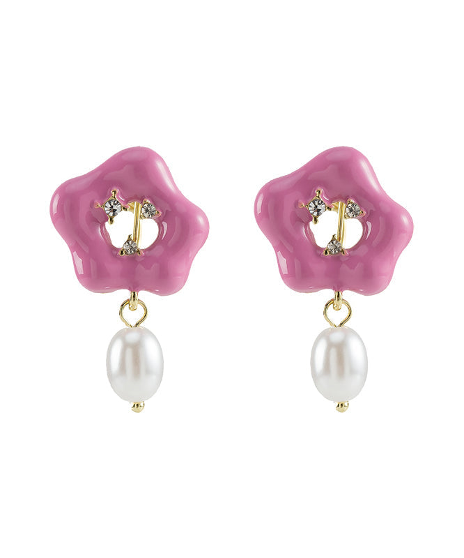 Cute Pink Alloy Floral Pearl Drip Glaze Drop Earrings