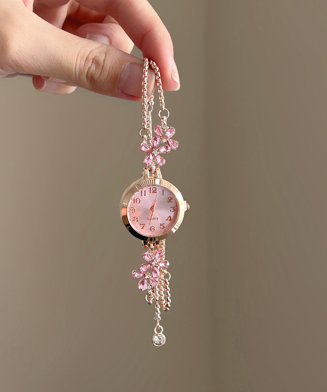 Cute Pink Alloy Floral Zircon Chain Tassel Watches