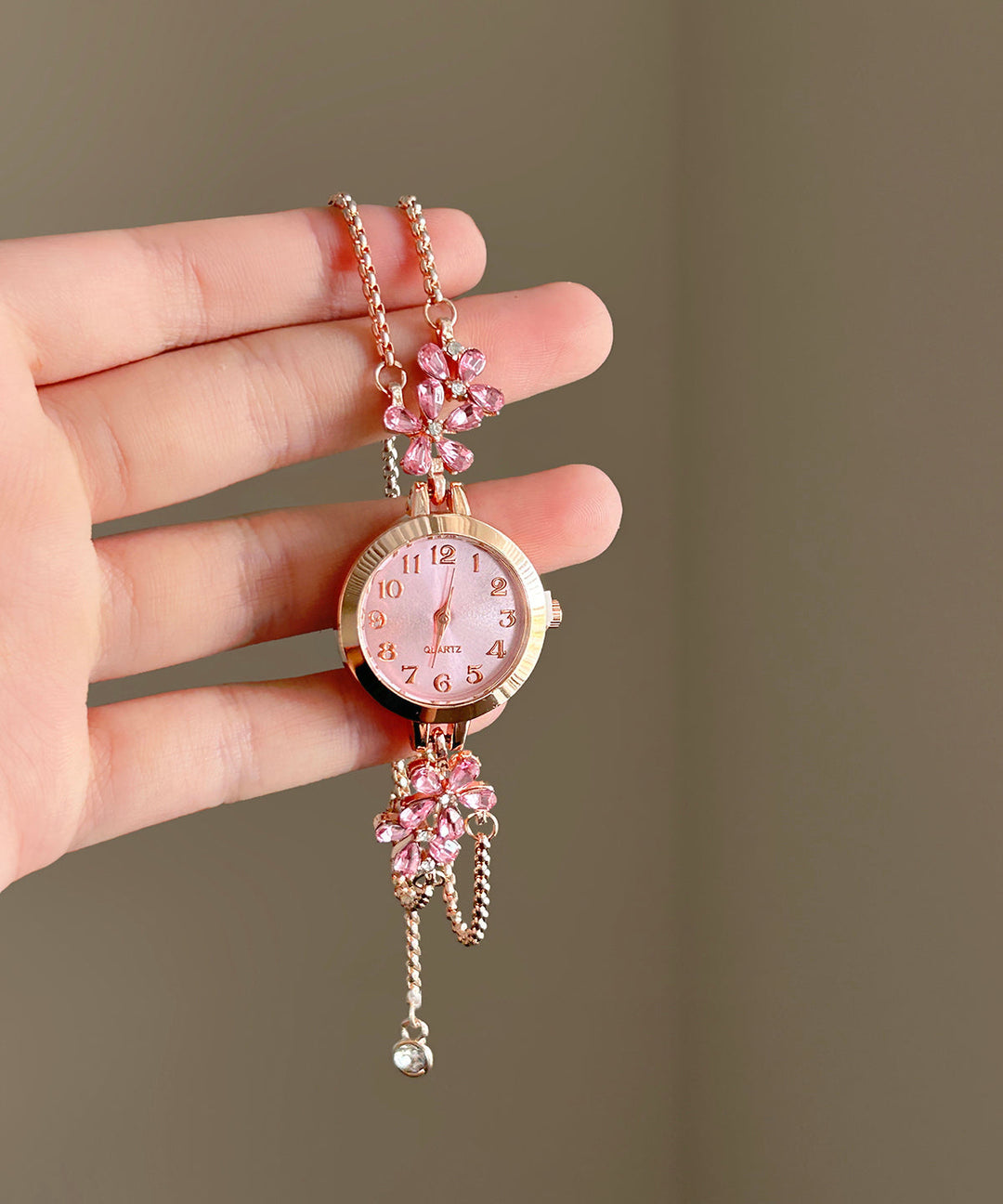 Cute Pink Alloy Floral Zircon Chain Tassel Watches