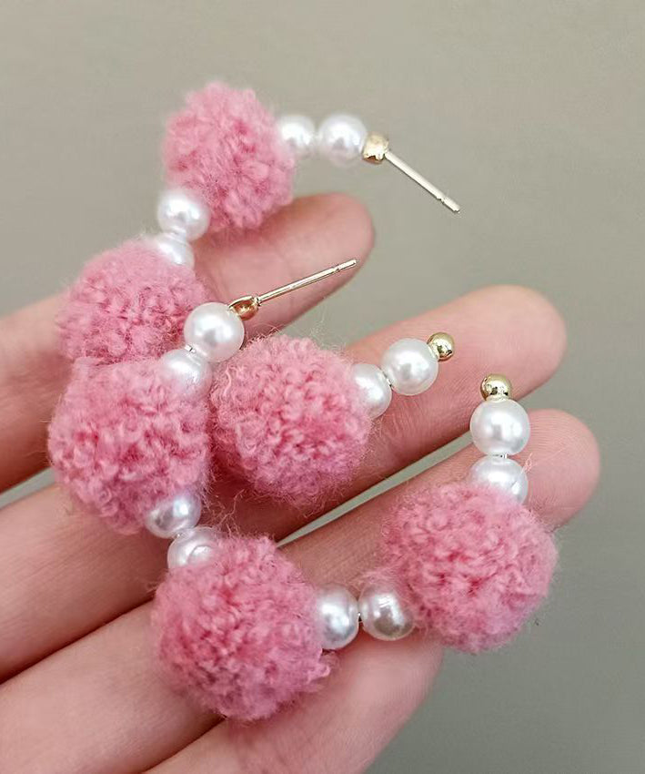 Cute Pink Alloy Fuzzy Ball Decorated Pearl Hoop Earrings