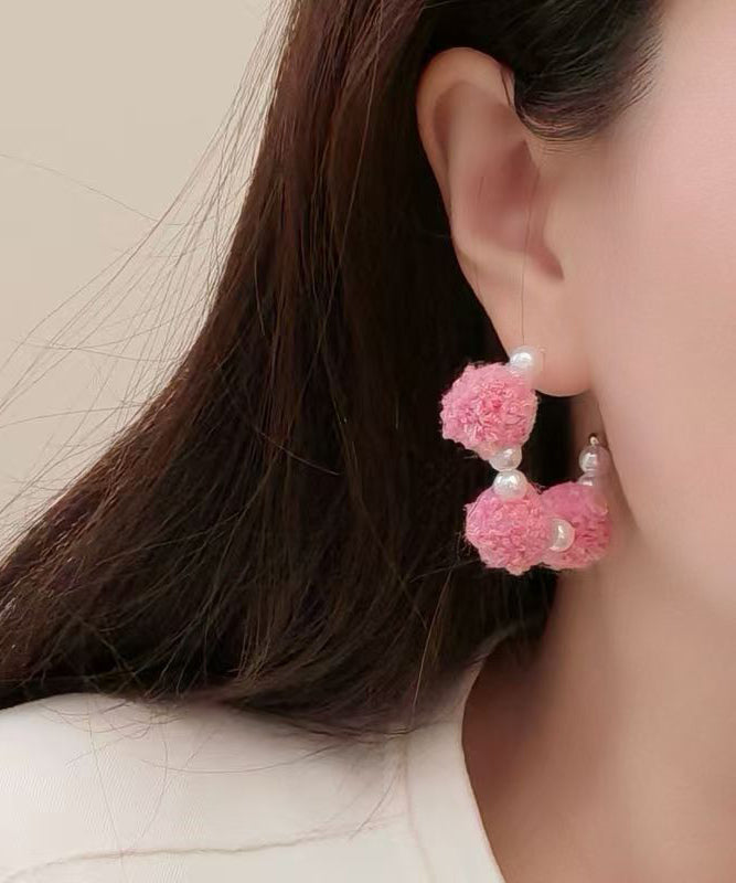 Cute Pink Alloy Fuzzy Ball Decorated Pearl Hoop Earrings