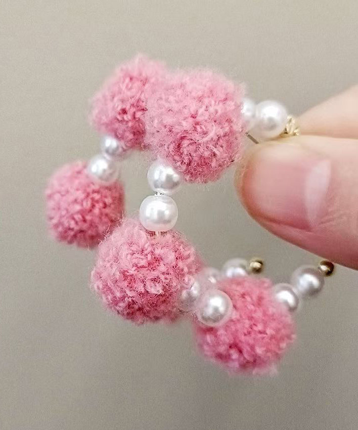 Cute Pink Alloy Fuzzy Ball Decorated Pearl Hoop Earrings