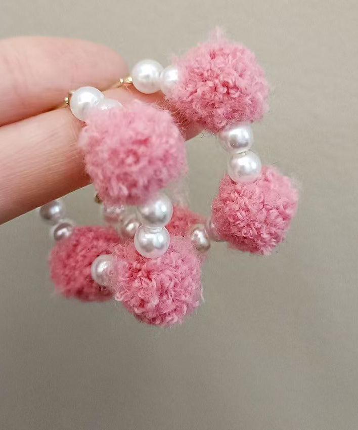 Cute Pink Alloy Fuzzy Ball Decorated Pearl Hoop Earrings