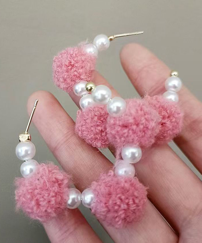 Cute Pink Alloy Fuzzy Ball Decorated Pearl Hoop Earrings