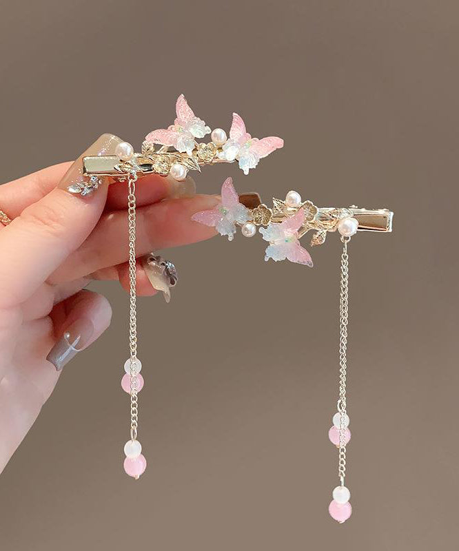 Cute Pink Alloy Pearl Butterfly Tassel Hairpin