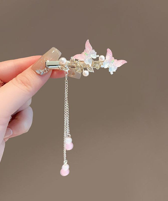 Cute Pink Alloy Pearl Butterfly Tassel Hairpin