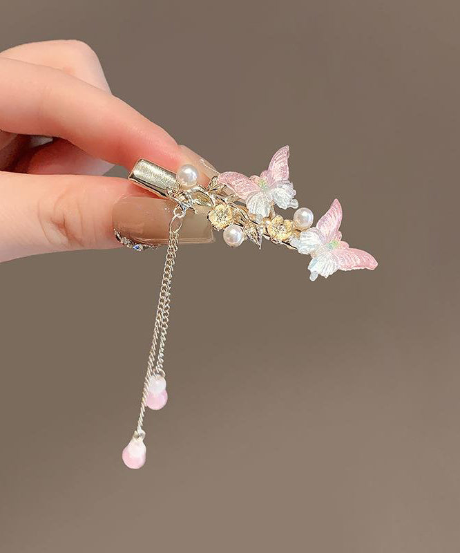 Cute Pink Alloy Pearl Butterfly Tassel Hairpin