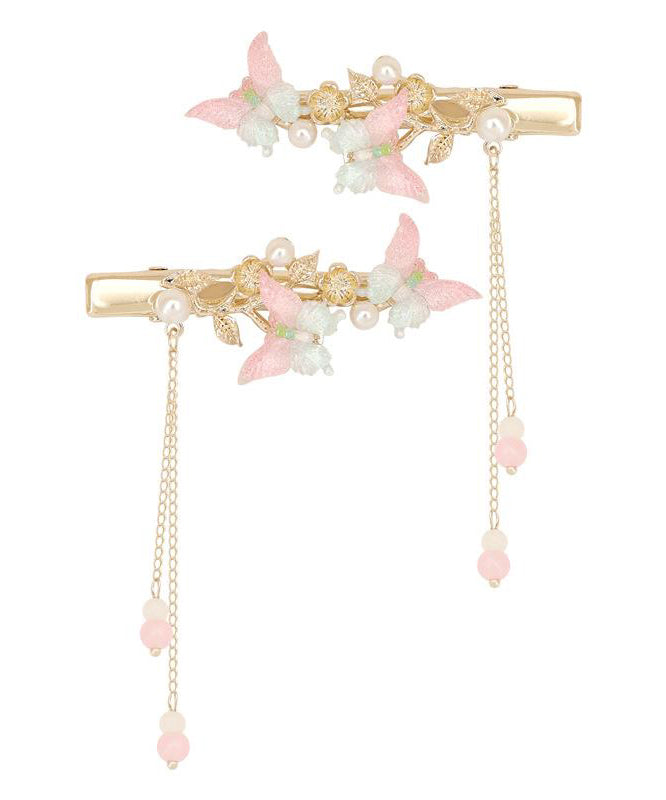 Cute Pink Alloy Pearl Butterfly Tassel Hairpin