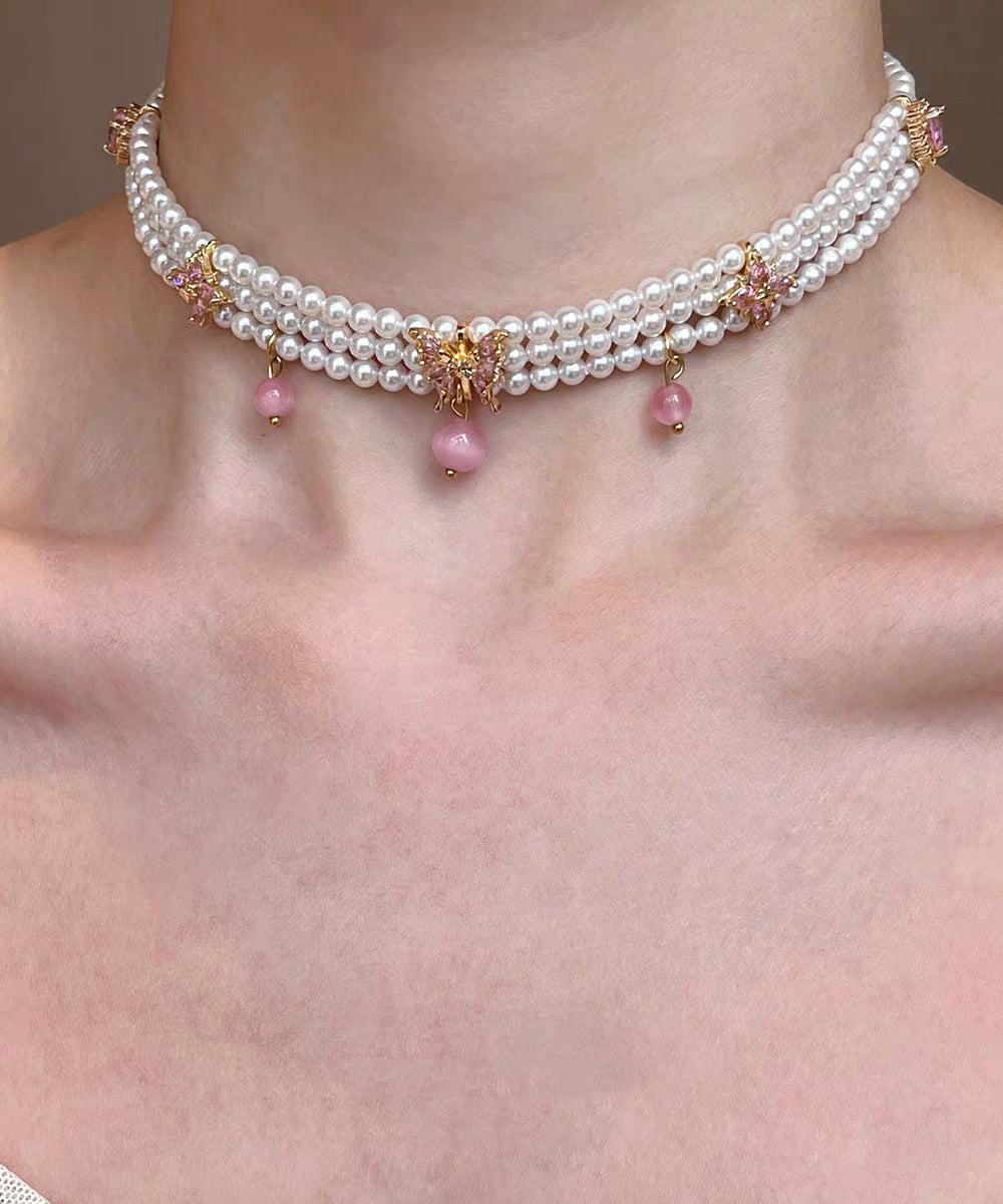 Cute Pink Alloy Pearl Cat's Eye Strawberry Beading Pendant Necklace Three-Piece Set