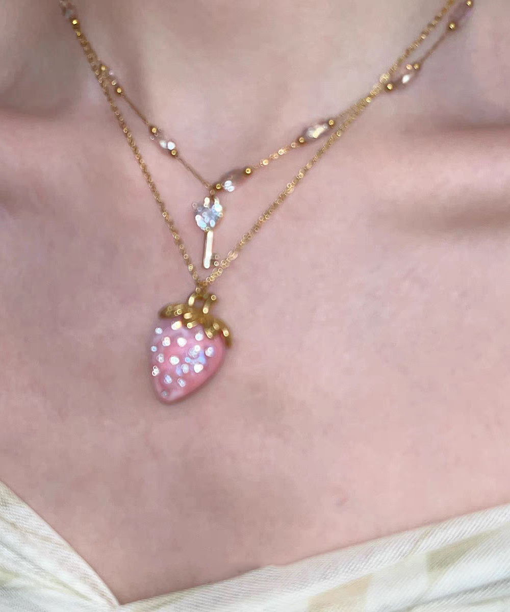 Cute Pink Alloy Pearl Cat's Eye Strawberry Beading Pendant Necklace Three-Piece Set
