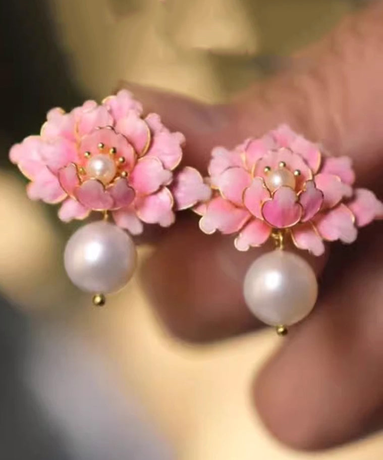 Cute Pink Alloy Pearl Drip Glaze Peach Blossom Stud Earrings