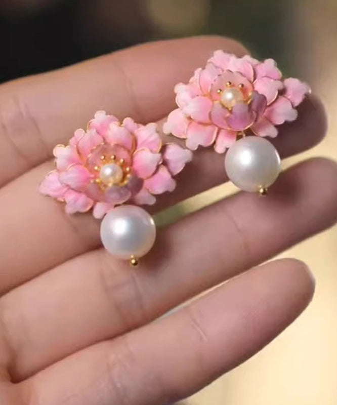 Cute Pink Alloy Pearl Drip Glaze Peach Blossom Stud Earrings