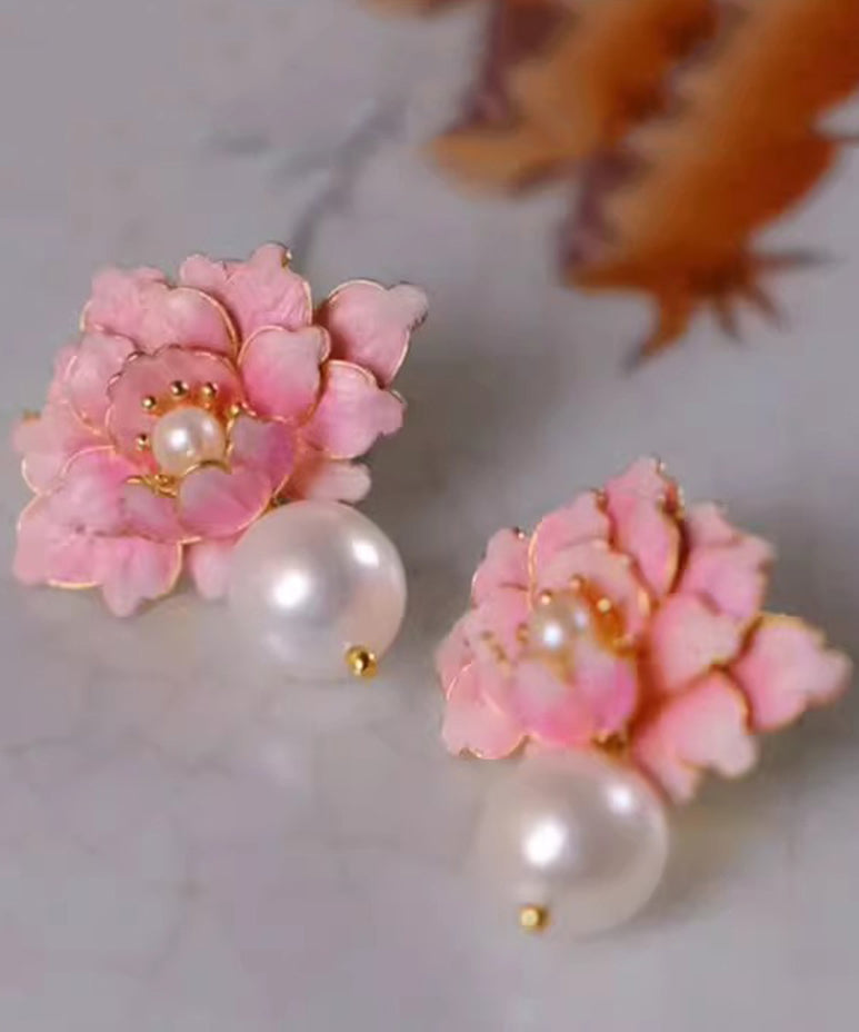Cute Pink Alloy Pearl Drip Glaze Peach Blossom Stud Earrings